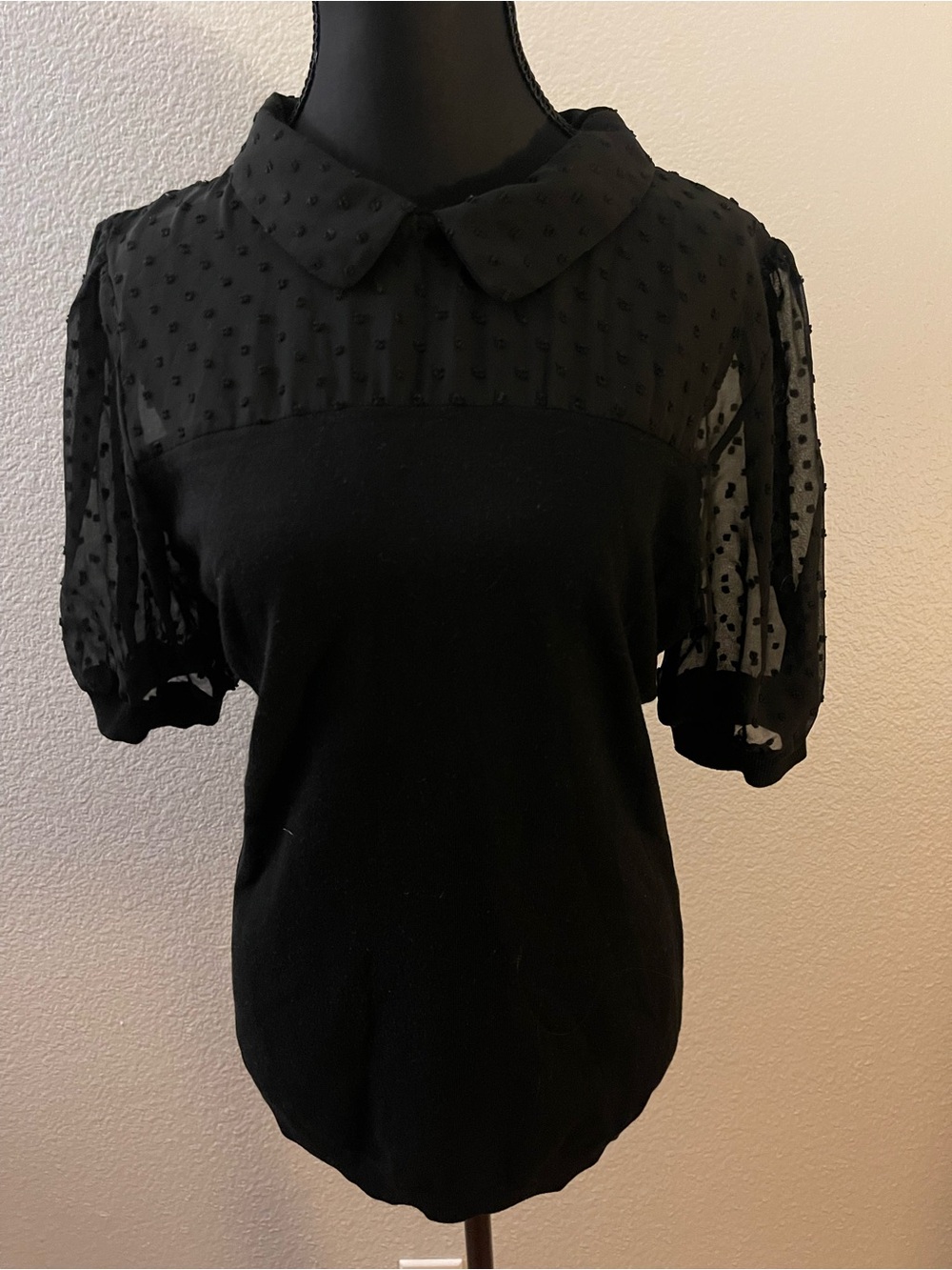 Adrianna Papell Black Swiss Dot Puff Sleeve Top with Peter Pan Collar